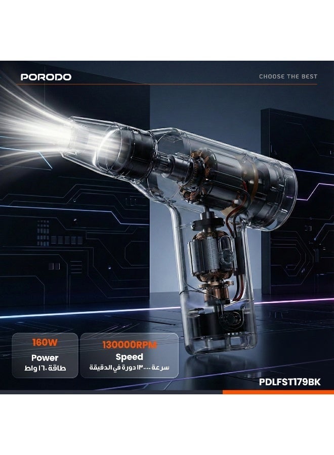 porodo Lifestyle Dual Mode Air Duster & Vacuum 160W / Powerful Air Blower/ Adjustable Speed / 3 Hours Working Time / Efficient Dust Removal / Rechargeable Vacuum and Dust Cleaner - Black - Image 4